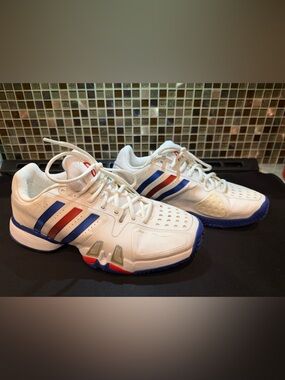 adidas White Low-Top Sneakers with Red & Blue Stripe Accents